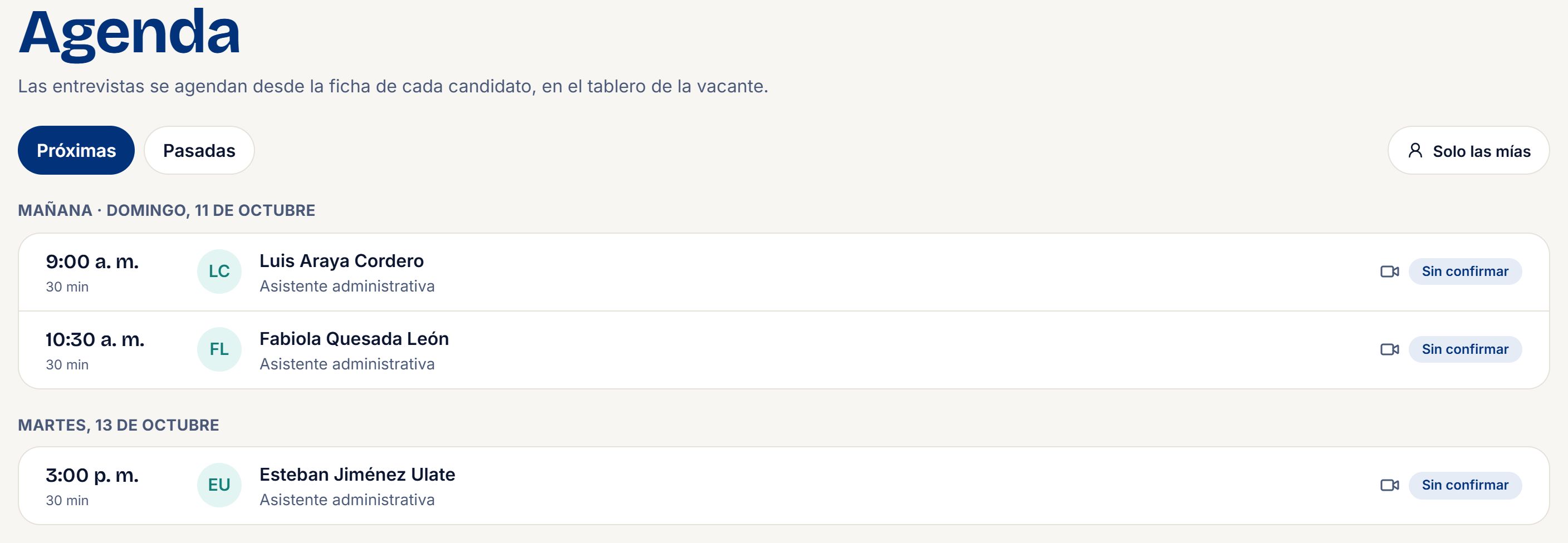 Agenda de la empresa con tres entrevistas por video de la semana.